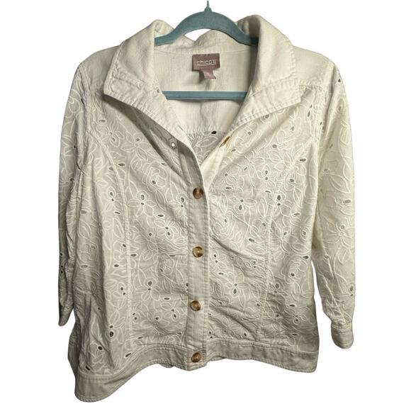 Chicos White Eyelet Cotton Blazer Jacket/ Embroidered, Cottagecore, Sz.‎ 2/US 12 - Picture 3 of 6